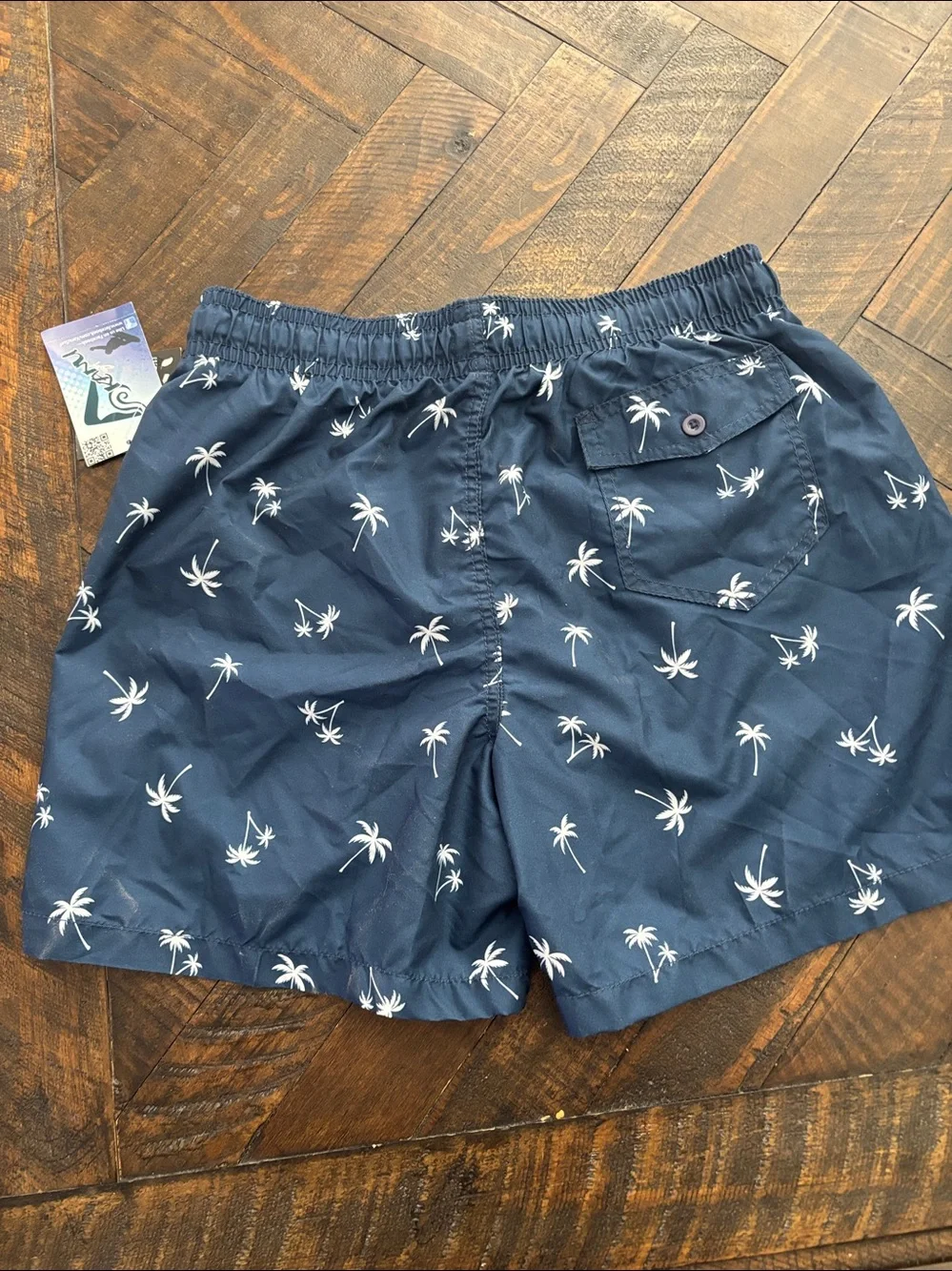 Men's Navy Palm-Print Swim Trunks with Drawstring Quick Dry Kanu Board